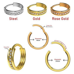 316L Surgical Steel Center Jeweled Hinged Segment Clicker Ring 1.2x7mm Gold - Img 2