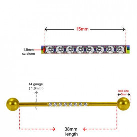 316L Surgical Steel Industrial Barbell with 8 Zircons Black 1.6x38mm - Img 3