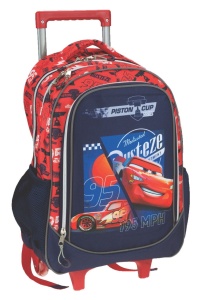 Troller scoala Disney Cars Piston Cup, cu trei compartimente, buzunare laterale pentru sticla apa si bretele ergonomice