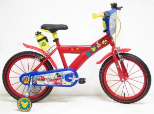 Bicicleta Denver Mickey Mouse 16 inch, frana de mana pe ambele roti, scaun si ghidon ajustabile, roti ajutatoare detasabile