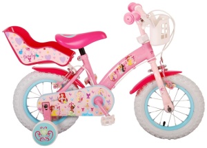 Bicicleta E&L Disney Princess 12 inch Pink, frana de mana pe ambele roti, scaun si ghidon reglabil, suport pentru papusi, cosulet pe ghidon, roti gonflabile