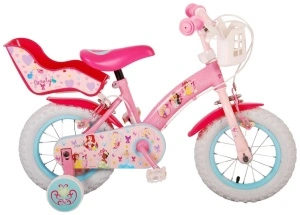 Bicicleta E&L Disney Princess 12 inch Pink, frana de mana pe ambele roti, scaun si ghidon reglabil, suport pentru papusi, cosulet pe ghidon, roti gonflabile