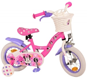 Bicicleta E&L Minnie Mouse 12 inch Bow Tie, frana de mana pe roata fata, scaun si ghidon reglabil, cosulet pe ghidon, roti gonflabile, stopuri reflectorizante