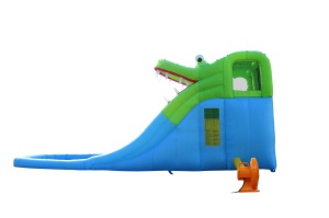 Saltea gonflabila Crocodil cu doua tobogane cu apa, tun de apa, spatiu de catarat si cos de baschet - Img 5