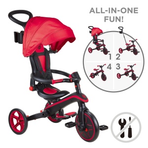 Tricicleta Globber EXPLORER PLIABLA 4 in 1, functie free wheel, scaun ajustabil, roti EVA, centura siguranta in 5 puncte, culoare rosie