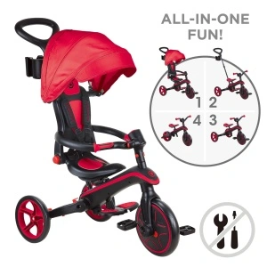 Tricicleta Globber EXPLORER PLIABLA 4 in 1, functie free wheel, scaun ajustabil, roti EVA, centura siguranta in 5 puncte, culoare rosie