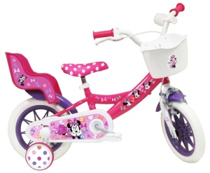 Bicicleta Denver Minnie Cutest 12 inch, frana de mana pe ambele roti, clopotel, roti ajutatoare detasabile, suport pentru papusi