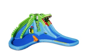 Saltea gonflabila Crocodil cu doua tobogane cu apa, tun de apa, spatiu de catarat si cos de baschet - Img 2