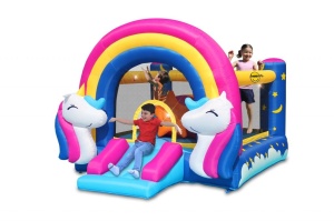 Saltea gonflabila Fantasy Unicorn cu tobogan, loc pentru sarituri si 6 paduri cu lumini si sunete