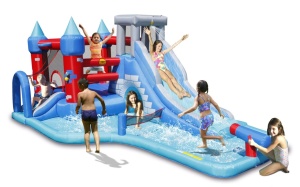 Saltea gonflabila Splash Park cu doua tobogane, spatiu de catarat, tun cu apa, loc pentru sarituri, cos de baschet si darts - Img 7