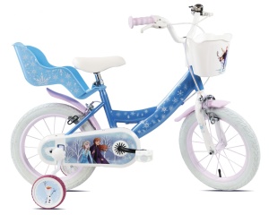 Bicicleta Denver Disney Frozen 14 inch, frana de mana pe ambele roti, clopotel, roti ajutatoare detasabile, suport pentru papusi, cosulet transport pe ghidon - Img 2
