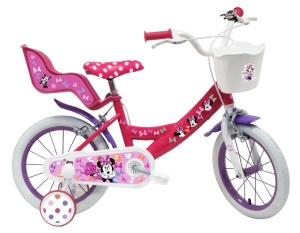 Bicicleta Denver Minnie Cutest 14 inch, frana de mana pe ambele roti, clopotel, roti ajutatoare detasabile, suport pentru papusi, cosulet transport pe ghidon