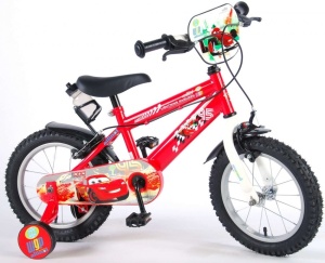 Bicicleta E&L Disney Cars 14 inch, frana de mana pe ambele roti, scaun si ghidon reglabil, sticla de apa, spite metalice, roti gonflabile