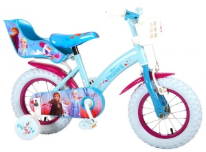 Bicicleta E&L Disney Frozen 12 inch, frana de mana pe ambele roti, scaun si ghidon reglabil, suport pentru papusi, cosulet pe ghidon, roti gonflabile
