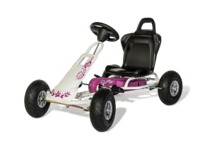 Kart Air Runner Flower, alb, scaun ajustabil, functie "free-wheel", roti pneumatice, frana de mana, volan cu sunete, 102 X 60 X h64 cm