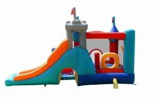 Saltea gonflabila Playcenter 13 in 1 cu doua tobogane, spatiu pentru catarat, loc pentru sarituri, loc de joaca cu bile, cos baschet si obstacole