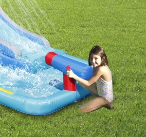 Saltea gonflabila Splash Park cu doua tobogane, spatiu de catarat, tun cu apa, loc pentru sarituri, cos de baschet si darts - Img 8