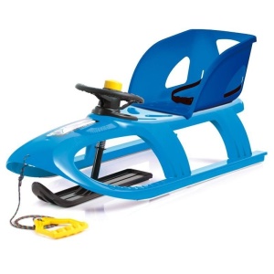 Sanie Bullet Control albastra, cu scaun ergonomic pentru copii, volan pentru controlul directiei, sina alunecare din otel, 102.5x40x45cm - Img 2