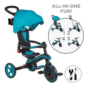 Tricicleta Globber EXPLORER PLIABLA 4 in 1, functie free wheel, scaun ajustabil, roti EVA, centura siguranta in 5 puncte, culoare turquoise