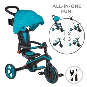 Tricicleta Globber EXPLORER PLIABLA 4 in 1, functie free wheel, scaun ajustabil, roti EVA, centura siguranta in 5 puncte, culoare turquoise