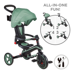 Tricicleta Globber EXPLORER PLIABLA 4 in 1, functie free wheel, scaun ajustabil, roti EVA, centura siguranta in 5 puncte, culoare verde pal