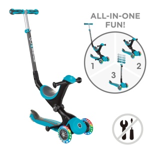 Trotineta Globber GO UP DELUXE 3 in 1, ghidon si scaun ajustabile pe inaltime, roti cu lumini, culoare turqoise