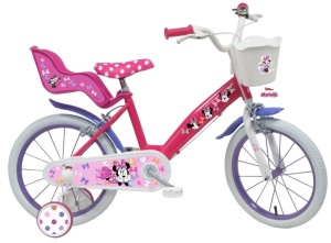 Bicicleta Denver Minnie Cutest 16 inch, frana de mana pe ambele roti, clopotel, roti ajutatoare detasabile, suport pentru papusi, cosulet transport pe ghidon