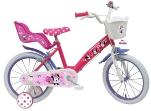 Bicicleta Denver Minnie Cutest 16 inch, frana de mana pe ambele roti, clopotel, roti ajutatoare detasabile, suport pentru papusi, cosulet transport pe ghidon