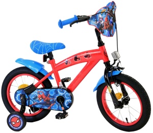 Bicicleta E&L Spiderman CB 14 inch, frana de mana pe roata fata, scaun si ghidon reglabil, spite metalice, roti gonflabile, stopuri reflectorizante