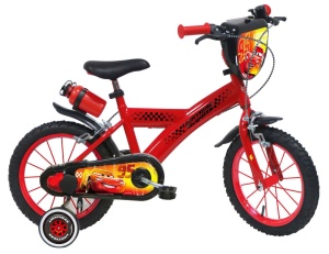 Bicicleta Denver Disney Cars 14 inch, frana de mana pe ambele roti, claxon, sticla de apa, aparatoare noroi fata si spate, spite metalice, roti gonflabile