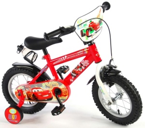 Bicicleta E&L Disney Cars 12 inch, frana de mana pe roata din fata, sticla de apa, scaun si ghidon reglabil, roti ajutatoare