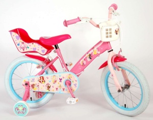 Bicicleta E&L Disney Princess 16 inch Pink, frana de mana pe ambele roti, scaun si ghidon reglabil, suport pentru papusi, cosulet pe ghidon, roti gonflabile