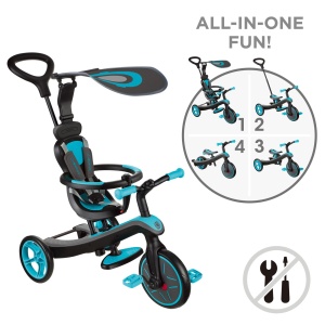 Tricicleta Globber EXPLORER 4 in 1, functie free wheel, scaun ajustabil, roti EVA, centura siguranta in 5 puncte, culoare turquoise