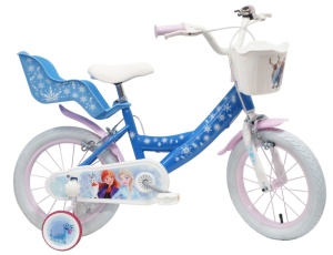 Bicicleta Denver Disney Frozen 14 inch, frana de mana pe ambele roti, clopotel, roti ajutatoare detasabile, suport pentru papusi, cosulet transport pe ghidon