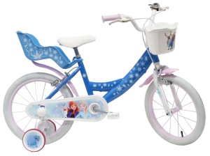 Bicicleta Denver Disney Frozen 16 inch, frana de mana pe ambele roti, clopotel, roti ajutatoare detasabile, suport pentru papusi, cosulet transport pe ghidon