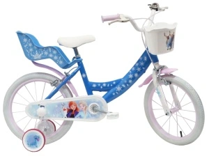 Bicicleta Denver Disney Frozen 16 inch, frana de mana pe ambele roti, clopotel, roti ajutatoare detasabile, suport pentru papusi, cosulet transport pe ghidon