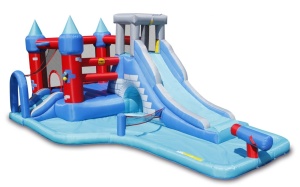 Saltea gonflabila Splash Park cu doua tobogane, spatiu de catarat, tun cu apa, loc pentru sarituri, cos de baschet si darts