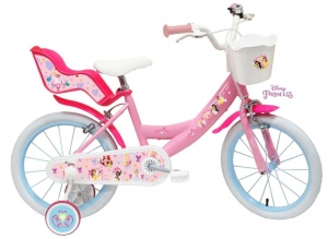 Bicicleta Denver Disney Princess 16 inch, frana de mana pe ambele roti, clopotel, roti ajutatoare detasabile, suport pentru papusi, cosulet transport pe ghidon
