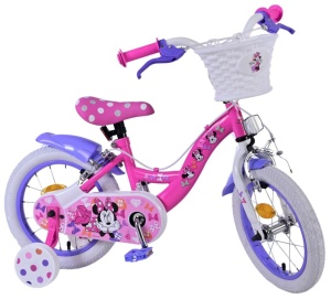 Bicicleta E&L Minnie Mouse 14 inch Bow Tie, frana de mana pe roata fata, scaun si ghidon reglabil, cosulet pe ghidon, roti gonflabile, stopuri reflectorizante