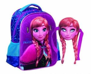 Ghiozdan gradinita Frozen Anna, design 3D, cu doua compartimente, buzunare laterale pentru sticla, bretele ergonomice