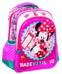 Ghiozdan scoala Minnie-Made with Love, cu trei compartimente, buzunare laterale pentru sticla si bretele ergonomice
