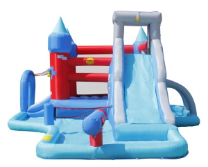 Saltea gonflabila Splash Park cu doua tobogane, spatiu de catarat, tun cu apa, loc pentru sarituri, cos de baschet si darts - Img 2