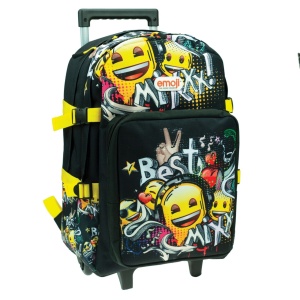 Troller scoala Emoji Party Mix, cu trei compartimente, buzunare laterale pentru sticla, bretele ergonomice