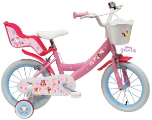 Bicicleta Denver Disney Princess 14 inch, frana de mana pe ambele roti, clopotel, roti ajutatoare detasabile, suport pentru papusi, cosulet transport pe ghidon