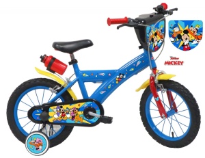 Bicicleta Denver Mickey Mouse, 14 inch, albastra, frana de mana pe ambele roti, claxon, sticla de apa, aparatoare noroi fata si spate, spite metalice, roti gonflabile