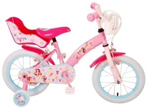 Bicicleta E&L Disney Princess 14 inch Pink, frana de mana pe ambele roti, scaun si ghidon reglabil, suport pentru papusi, cosulet pe ghidon, roti gonflabile