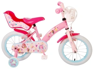 Bicicleta E&L Disney Princess 14 inch Pink, frana de mana pe ambele roti, scaun si ghidon reglabil, suport pentru papusi, cosulet pe ghidon, roti gonflabile