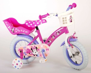 Bicicleta E&L Minnie Mouse 12 inch Cutest Ever, frana de mana pe roata fata, scaun si ghidon reglabil, suport pentru papusi, cosulet pe ghidon, roti gonflabile