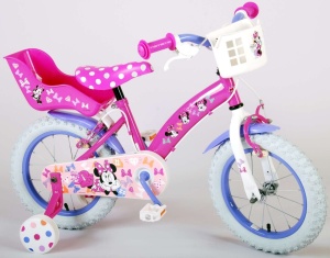 Bicicleta E&L Minnie Mouse 14 inch Cutest Ever, frana de mana pe ambele roti, scaun si ghidon reglabil, suport pentru papusi, cosulet pe ghidon, roti gonflabile