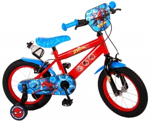 Bicicleta E&L Spiderman RB 14 inch, frana de mana pe roata din fata, sticla de apa, scaun si ghidon reglabil, roti ajutatoare